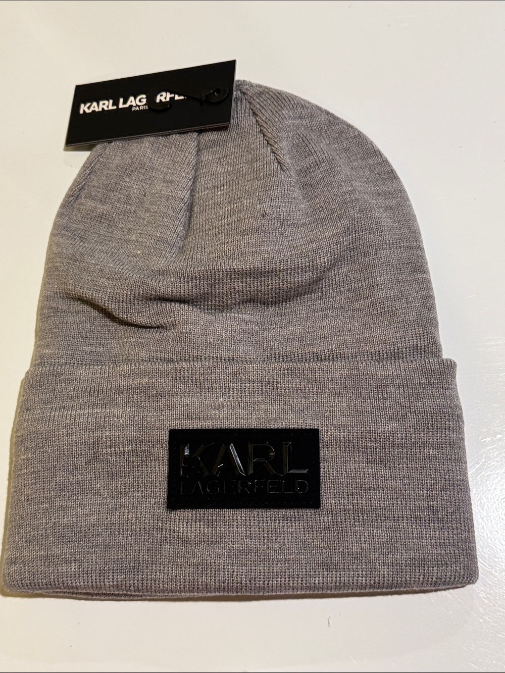 Karl Lagerfeld Light Gray Ribbed Knit Beanie with Logo Patch